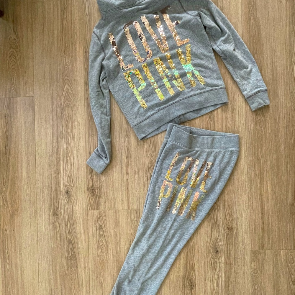SOLD **** VS PINK Ombré “gold” sequin sweatsuit size Small
